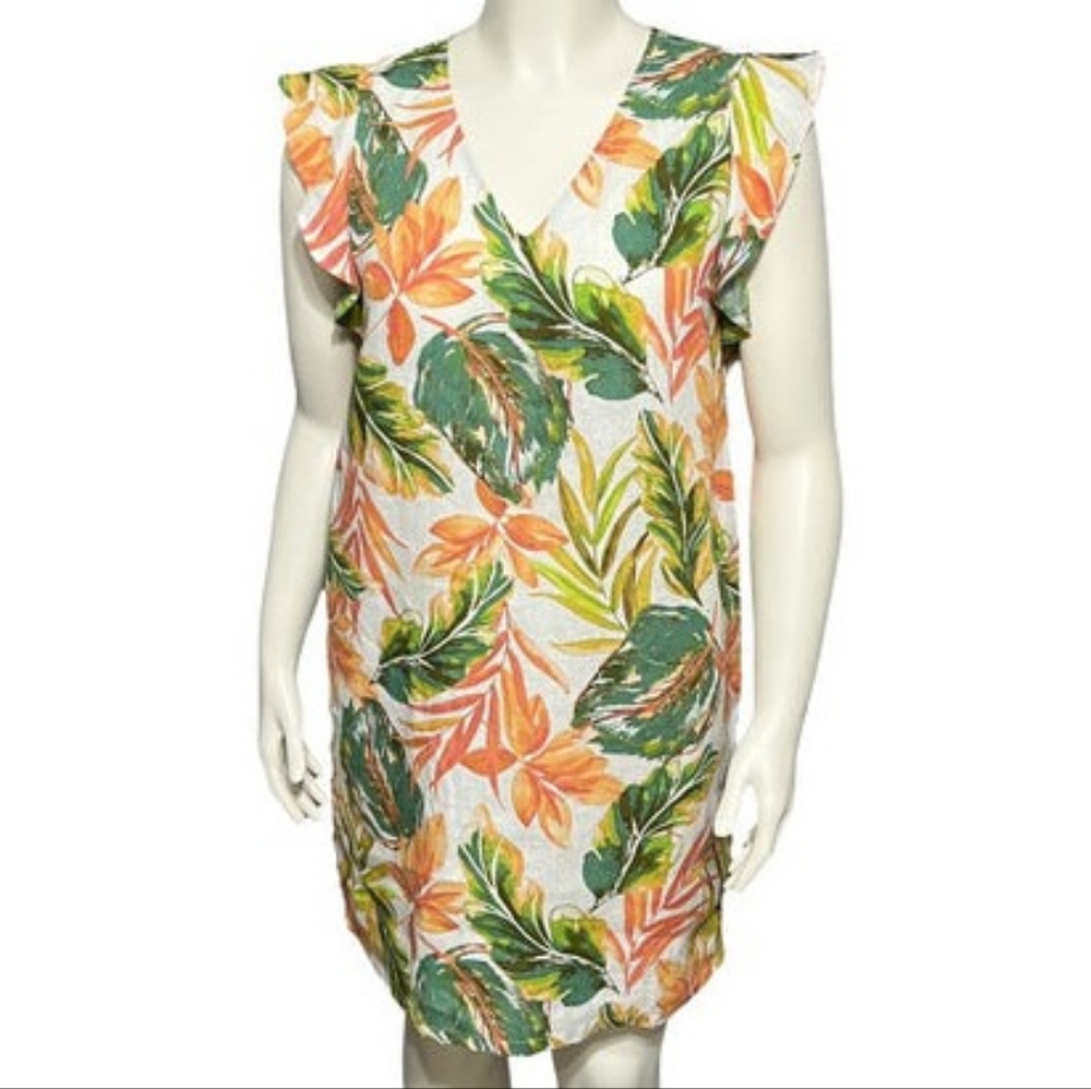 Nicole Miller 100% Linen White Green Orange Tropical Leaf Floral Print Dress XL